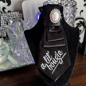 Black Satin Brooch Tie with Pearl Crystal Accent - "a lil' bougie"